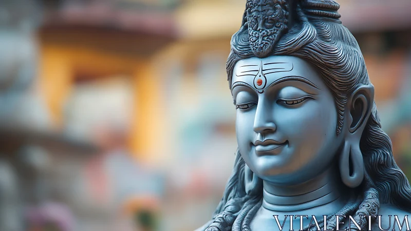 Blue-toned Shiva sculpture close-up with shallow depth of field