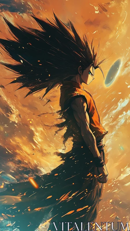 Warrior silhouette stands in blazing cosmic storm sky.