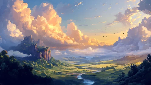 Sunlit fantasy valley unfolds beneath monumental cumulus clouds