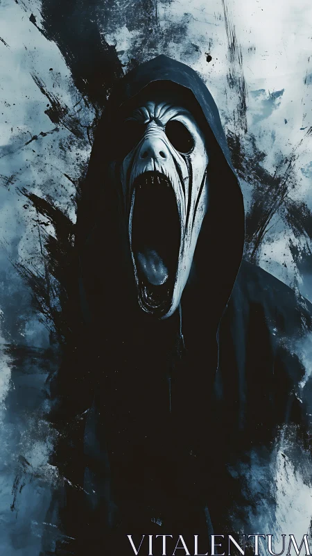 Hooded skeletal figure with open mouth on dark abstract ground.