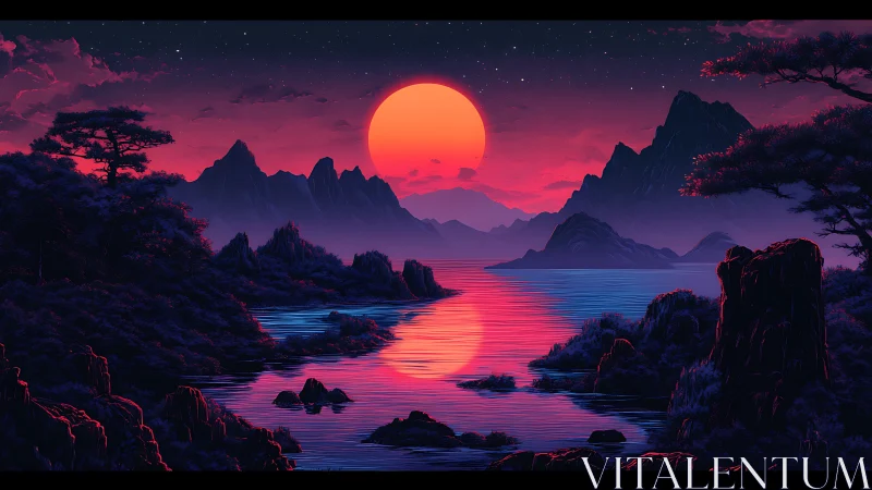 Neon dusk over tranquil mountains and reflective bay panorama.