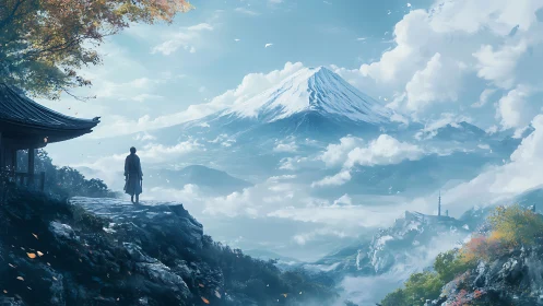 Solitary monk gazing toward snowcapped mountain panorama.