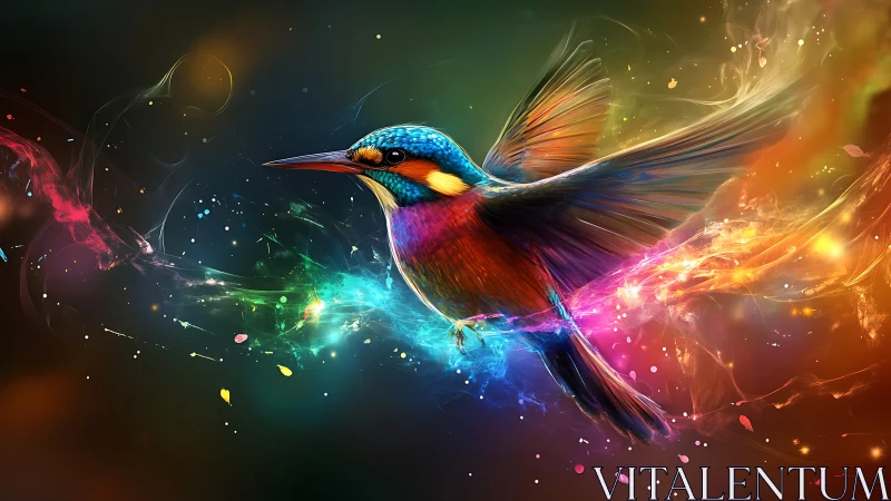 Prismatic kingfisher ignites a swirling nebula of color.