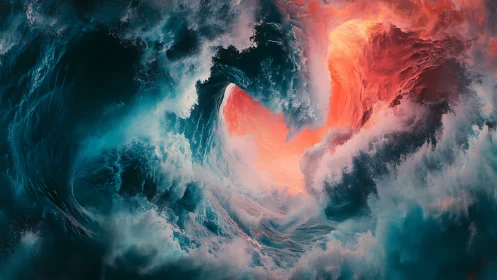 Ocean heart of fire and foam in swirling vivid color.
