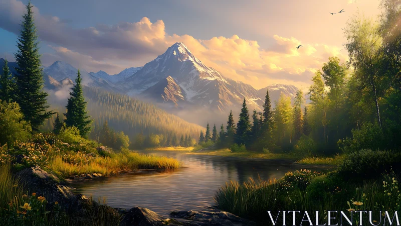 Digital painting of alpine river valley with luminous sunset light.