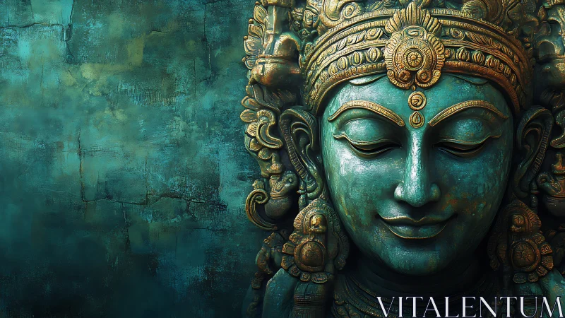 Bronze teal deity relief sculpture with ornate headpiece