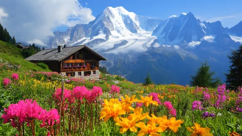 Wildflower chorus serenades a sunlit chalet below glaciers