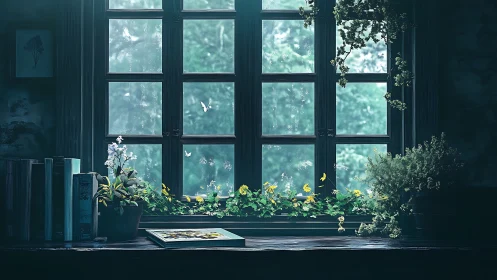 Quiet green window, where ivy, books and butterflies linger.