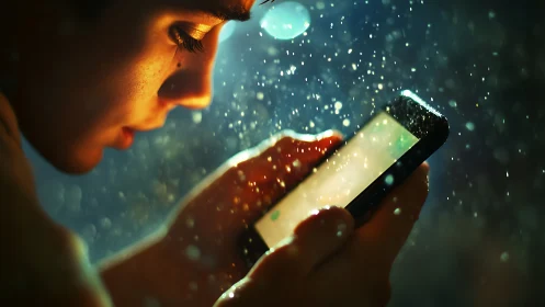 Rainlit gaze over glowing phone in a storm of pixels.