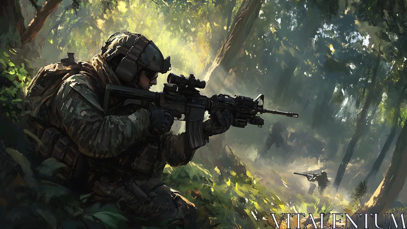 Soldier in forested terrain aiming rifle during patrol.