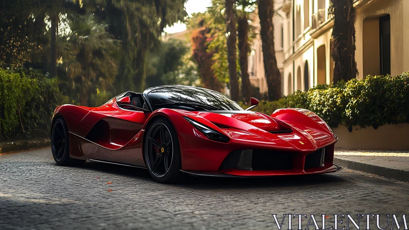 Red convertible sports car on cobblestone city street.