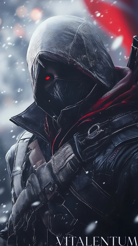 Hooded cybernetic assassin stands in blizzard with red eye