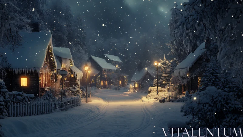 Snow-drowsy cottage lane under lanternlit winter hush.