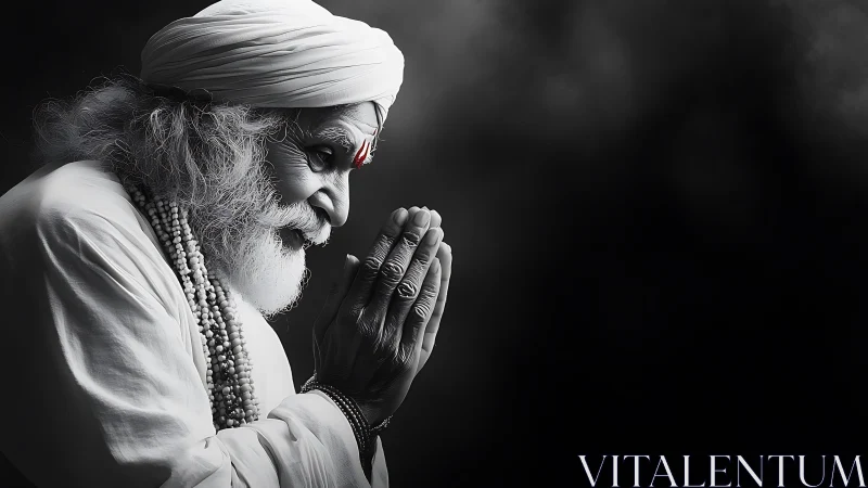 Monochrome side portrait of praying elderly guru in profile