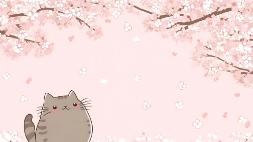 Rotund Cat Character Beneath Flowering Cherry Branches in Soft Pastel Palette