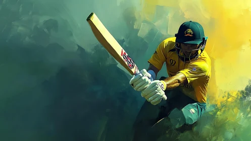 Cricket batsman drives ball through abstract teal haze
