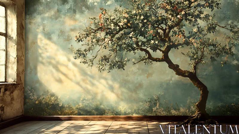 Aged interior wall with painted tree mural and raking window light