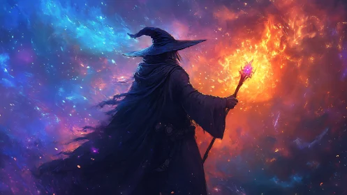 Fire mage commands blazing staff within cosmic storm.