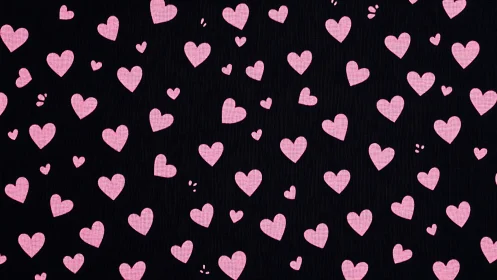 Pink Pixelated Hearts Scattered Across Black Background Pattern