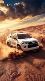 White SUV driving through desert sand at sunset.