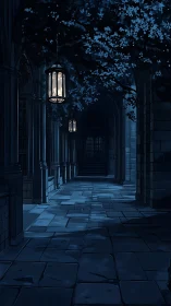 Nocturnal cloister corridor rendered in moody digital chiaroscuro