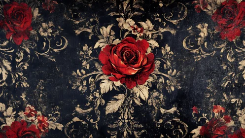 Red floral motif on dark textured ornamental background.