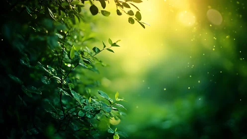 Sunlit green foliage in tranquil natural setting, soft focus style.
