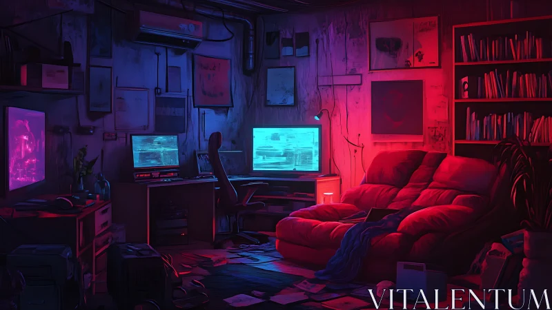 Dim computer workspace with neon lighting and cluttered room.