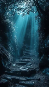 Mystical stone path under ethereal blue forest light beams.