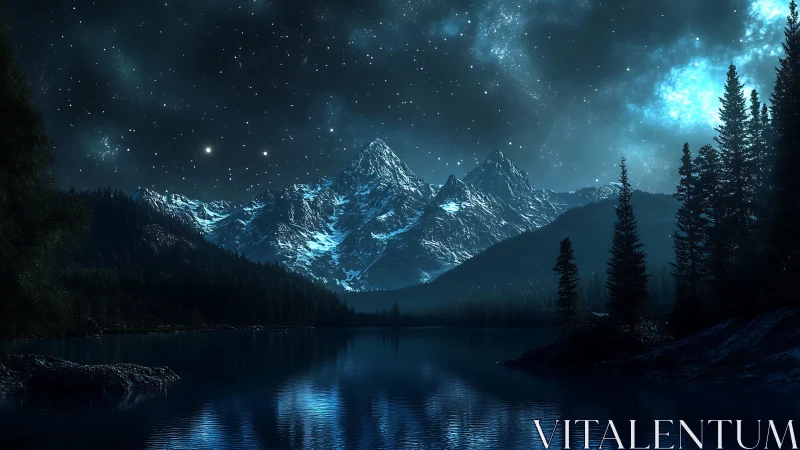 Starlit mountain lake under a deep blue midnight sky.