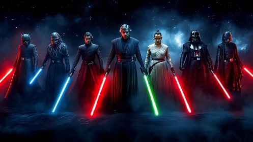Group of futuristic warriors holding glowing energy swords.