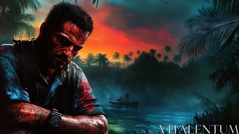 Bloodied soldier on tropical river at intense neon sunset.