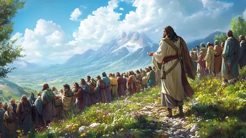 Mountain hillside sermon scene with robed crowd and valley vista