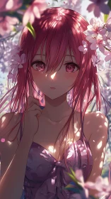 Pink haired anime girl among soft cherry blossoms.
