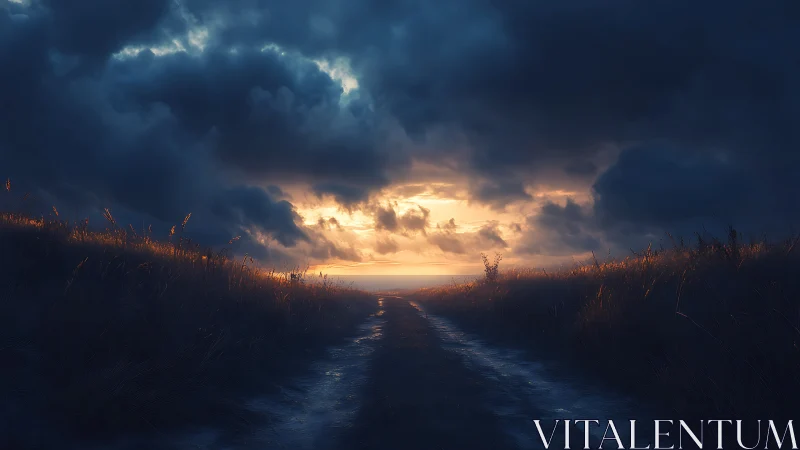 Storm-laden coastal path under dramatic sunset sky glow