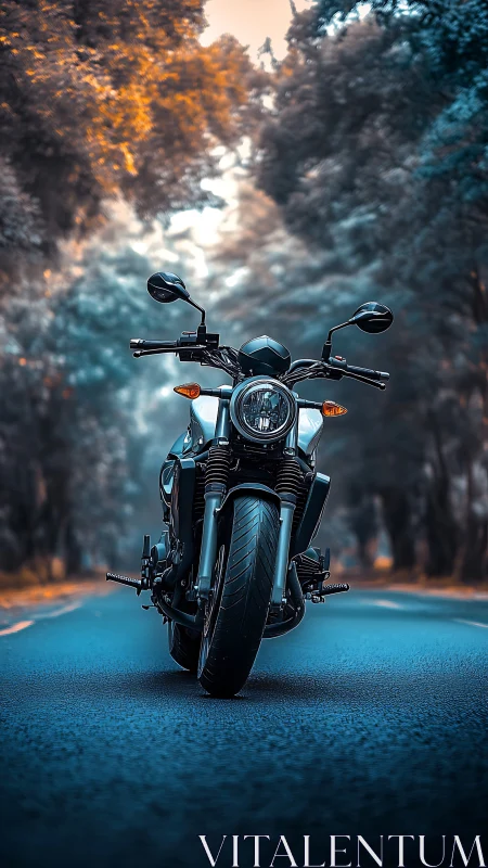 Motorcycle on empty tree-lined road, centered front view.