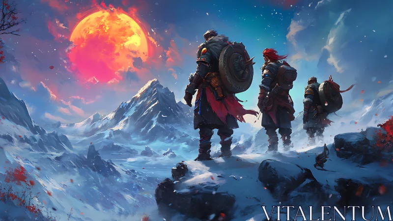 Adventurers gaze toward a blood-red moon above frozen peaks.