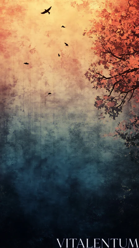 Autumn tree silhouettes rise against textured dusk sky