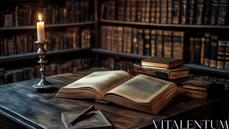 Candlelit antique library table invites quiet nighttime study