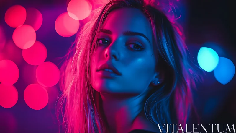 Neon lit portrait of young woman in pink and blue bokeh