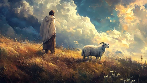 Gentle shepherd and lone sheep under glowing storm skies.