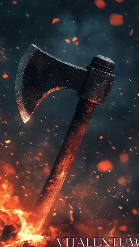 Battle-scarred axe rising from ember storms of warfire.
