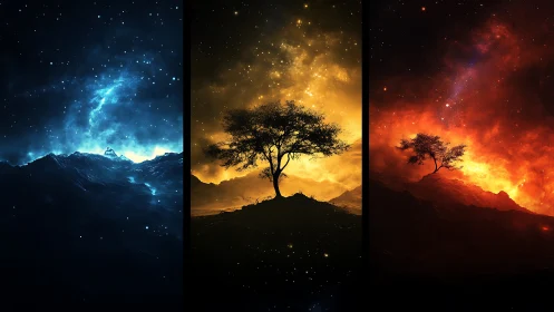 Triptych cosmic landscapes with silhouetted arboreal forms.