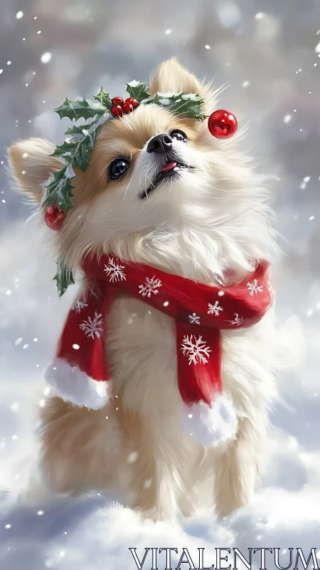 Festive Pomeranian poses in snow wearing red winter scarf