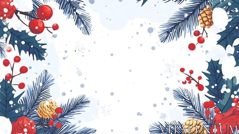 Symmetrical winter foliage frame integrates berries, cones and snowdrift space