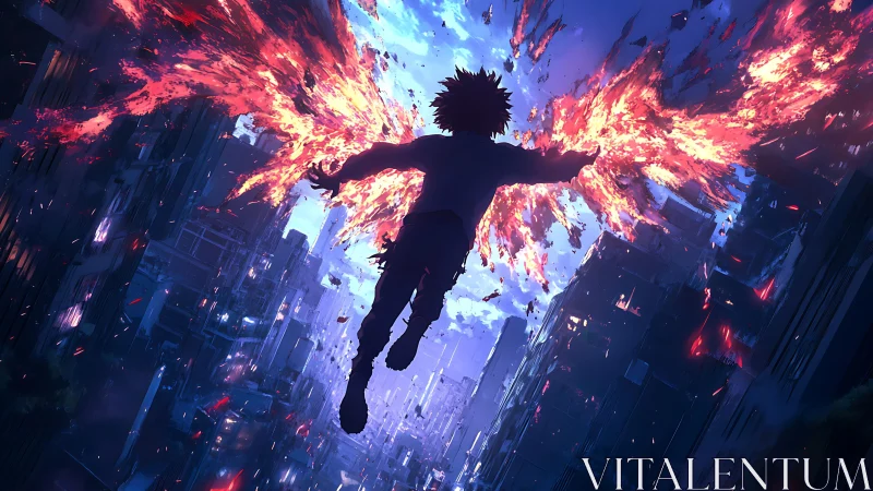 Silhouette with fiery wings descends above dense night city