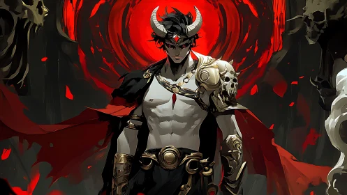 Horned dark prince framed by a swirling crimson portal.