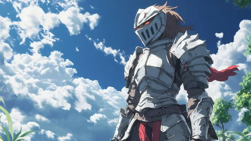 Armored anime knight under vivid summer sky stands resolute.