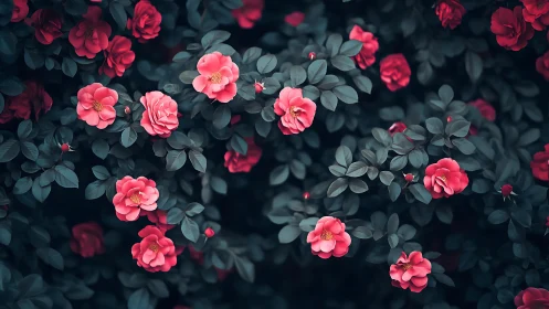 Pink roses with dark foliage in garden setting.
