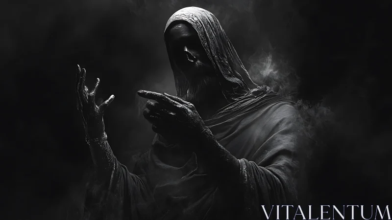 Shrouded spectral figure emerges from dense swirling smoke